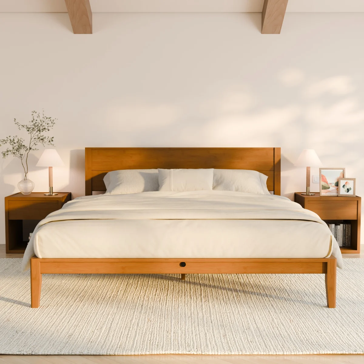 Queen Japanese Joinery Platform Bed Frame, Mid-Century With Tall Headboard, Noise-Free Solid Bamboo Wood Sustainable, Sturdy Slat Support With Heavy Duty, Tool-Free Assembly, 10-Inch Storage