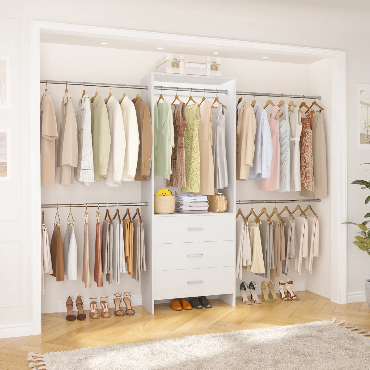 76.5"-118" W Closet System with 4 Hanging Rods and 3 Drawers