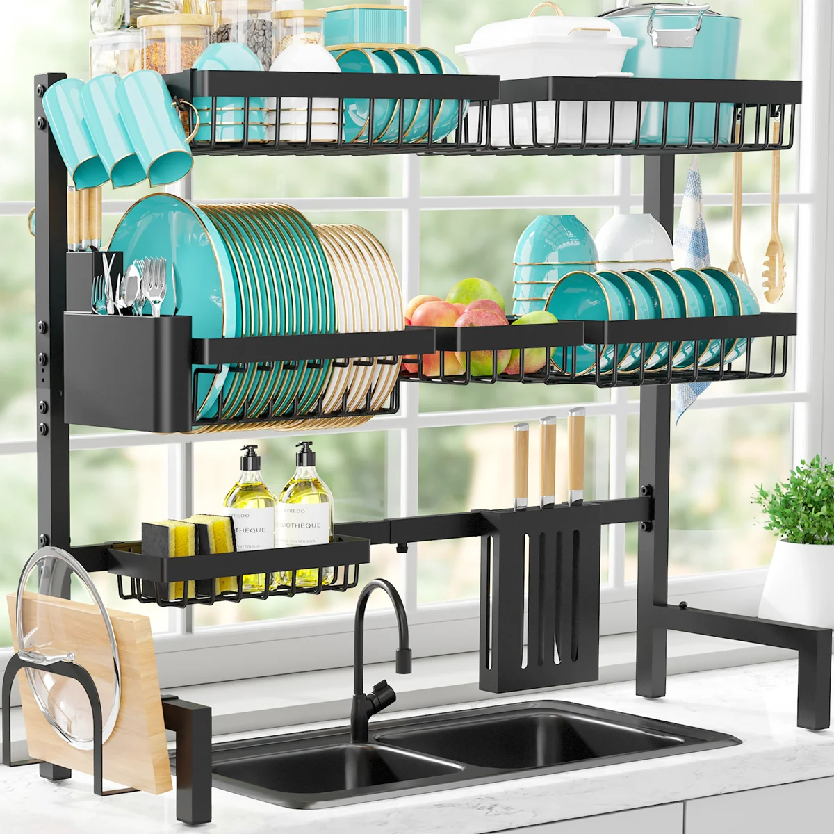 Over-the-Sink Stainless Steel Dish Drying Rack with Utensil Holder, Knife Holder, and Hooks, Black