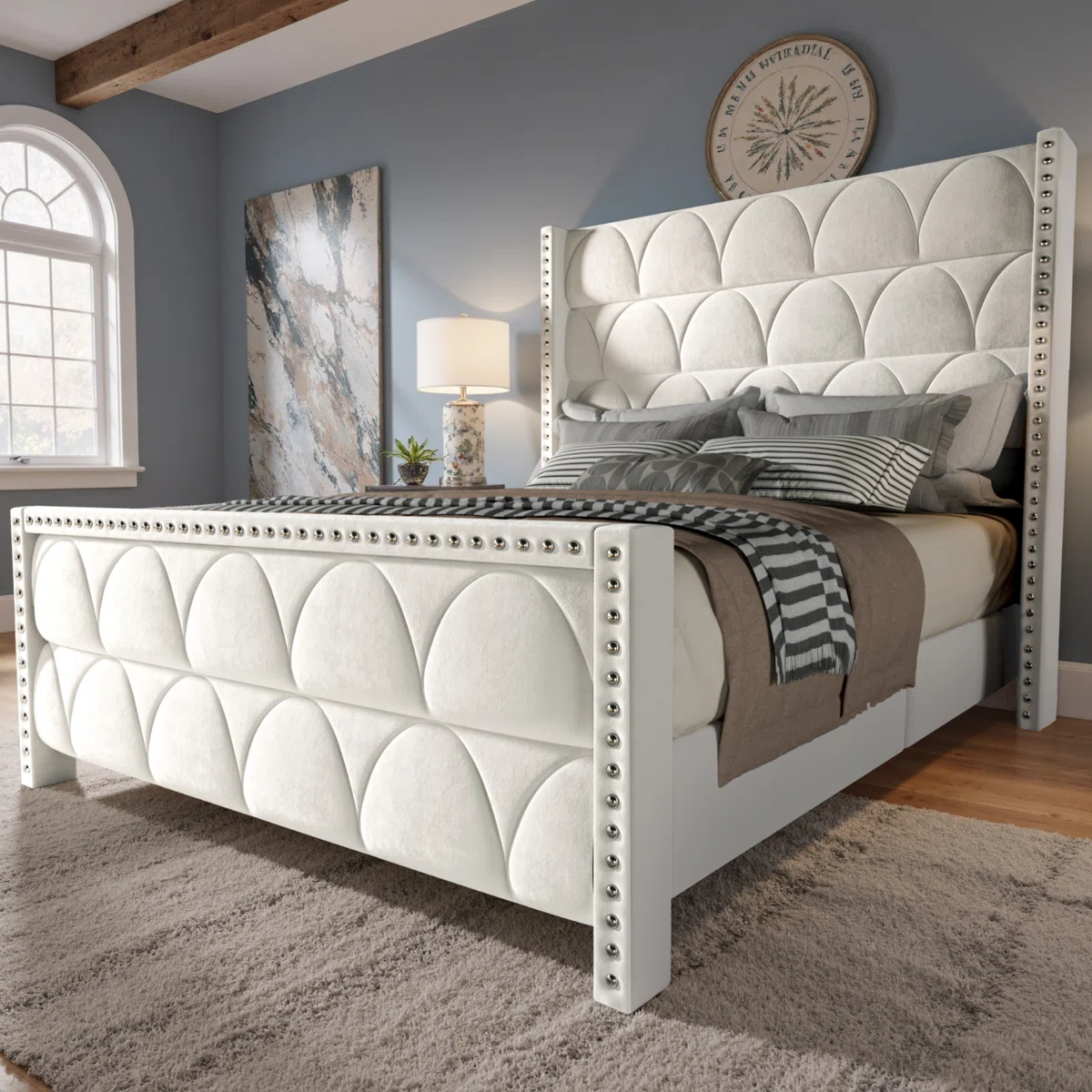 Box a+b)56" Velvet Wingback Bed Frame