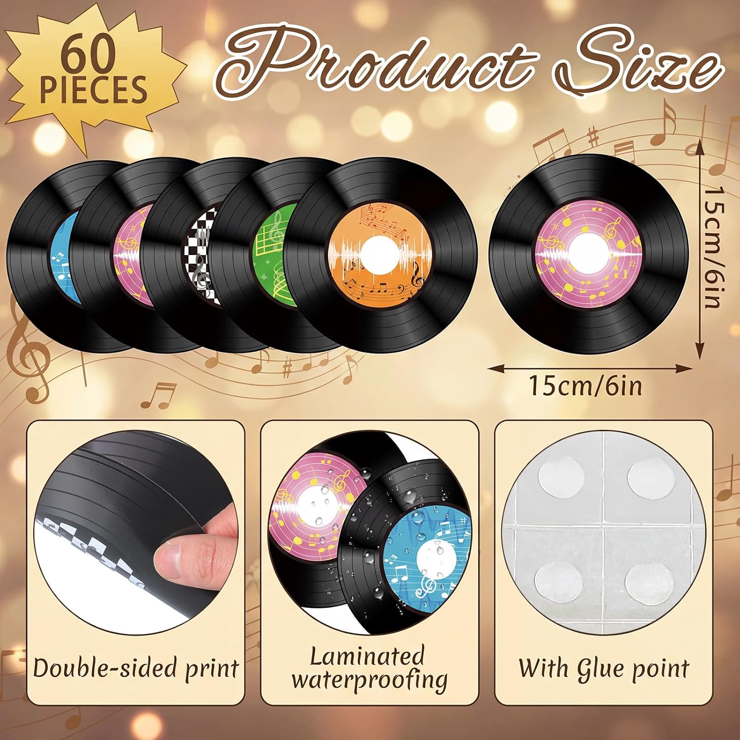 Yalikop 60 Pcs 6 Inch 1950's Records Paper Rock and Roll Music Party Confetti Cutouts Decorations 70's Bulletin Board Paper Records for Disco Birthday Music Theme Party(Claasic Style)