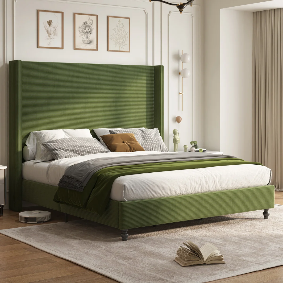 Crofford Modern Corduroy Upholstered Bed with 63''/65'' Tall Headboard & Solid Wood Leg