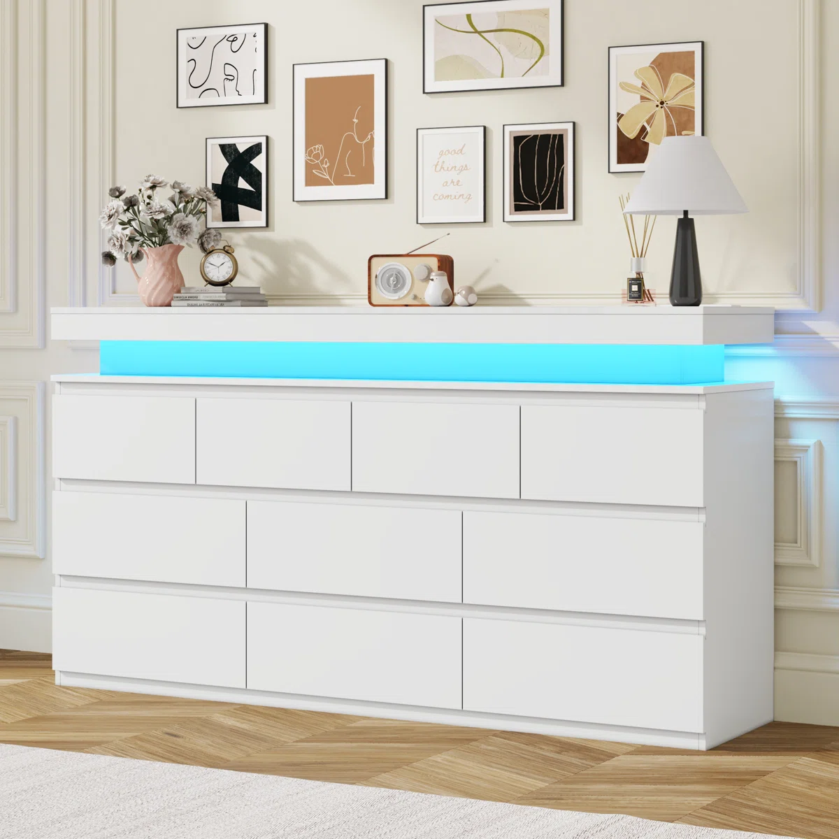 10-Drawer Modern Storage Dresser With Led Lighting & Charging Station, Wide Chest Of Drawers For Bedroom, Living Room & Entryway Organization