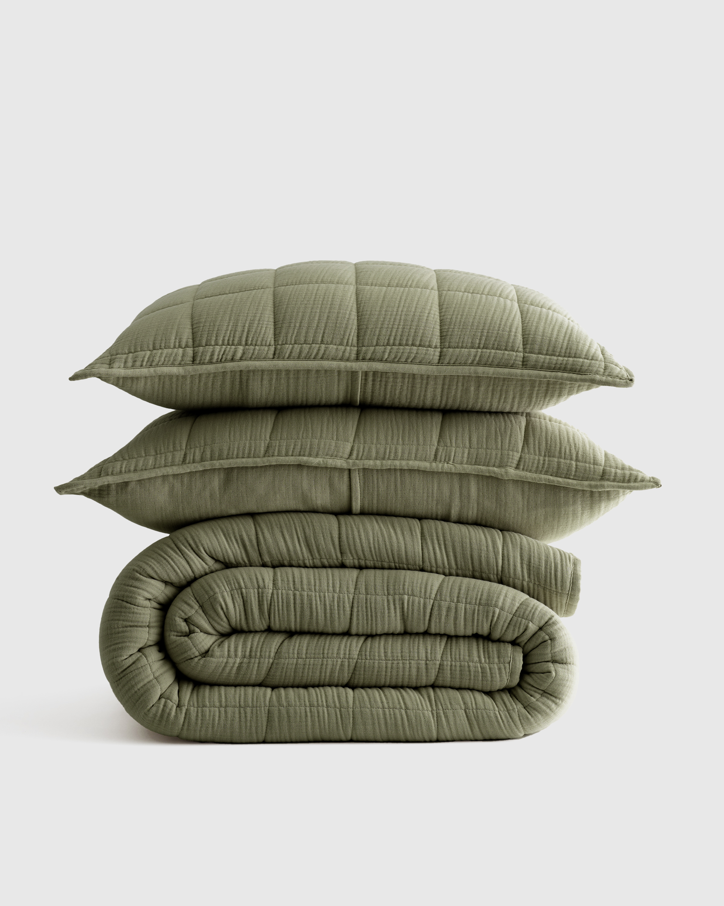 Organic Airy Gauze Box Quilt Set, Full/Queen, Olive