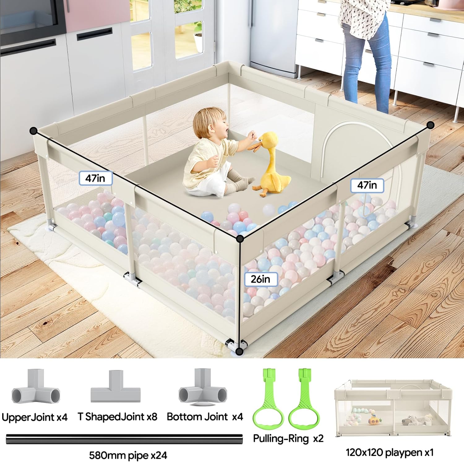 Fodoss Baby Playpen, Upgrade Playpen for Babies and Toddlers, 47x47inch Beige Play Pen for Babies with Hand Pulling Ring, Play Pen Center for Kids,Baby Fence,Kids Playards Beige 47x47 Inch