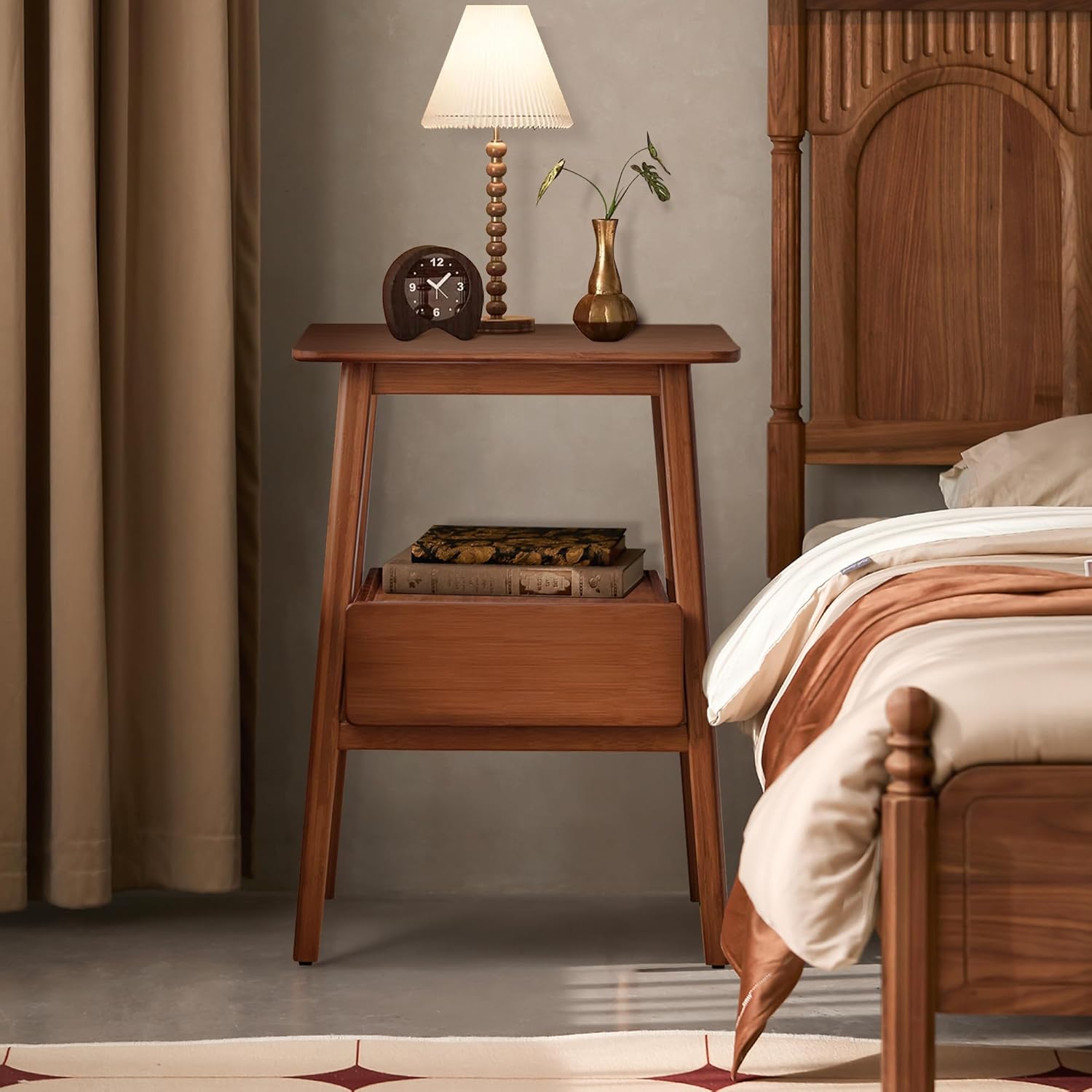 JIKUGO Mid-Century Modern Bamboo Nightstand with Drawers and USB Charging Port