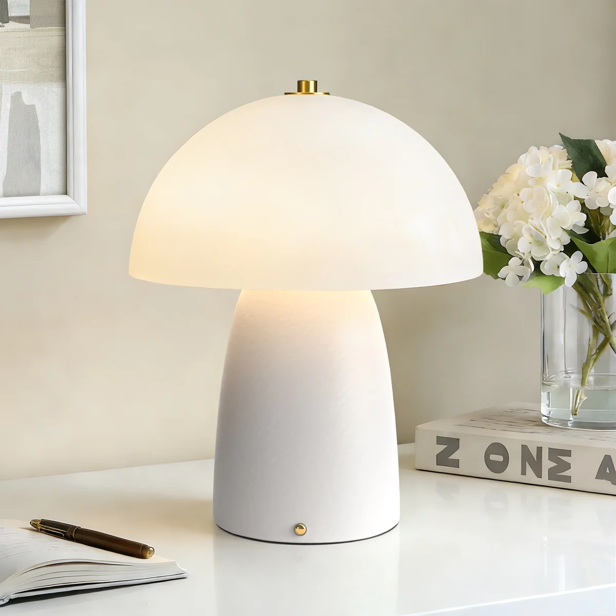 11" Modern Rechargeable Touch Control Desk Lamp, Portable Wireless Ceramic Led Lamp With Milky White Glass Shade, Three-Level Dimming, Suitable For Bedrooms, Living Rooms, Terraces And Outdoors