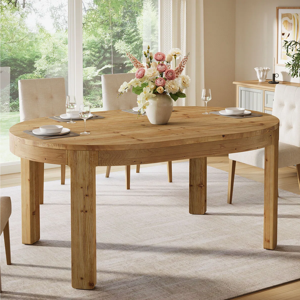 55.11'' Solid Wood Dining Table, Oval Kitchen Tabke For 4-6