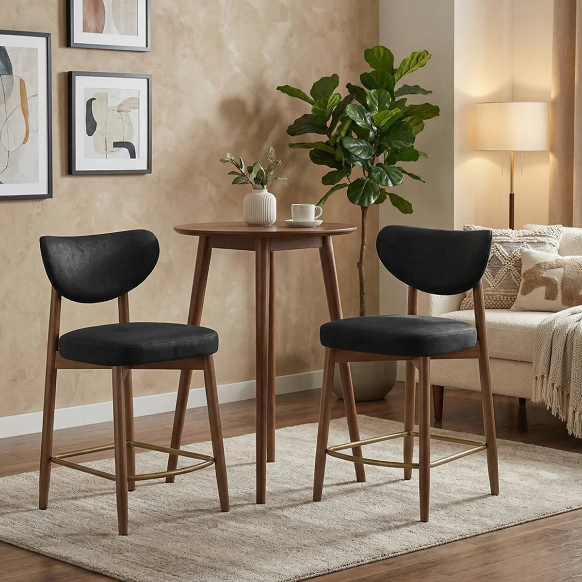 Upholstered Counter Stool Solid Wood Bar Stool (Set Of 2)