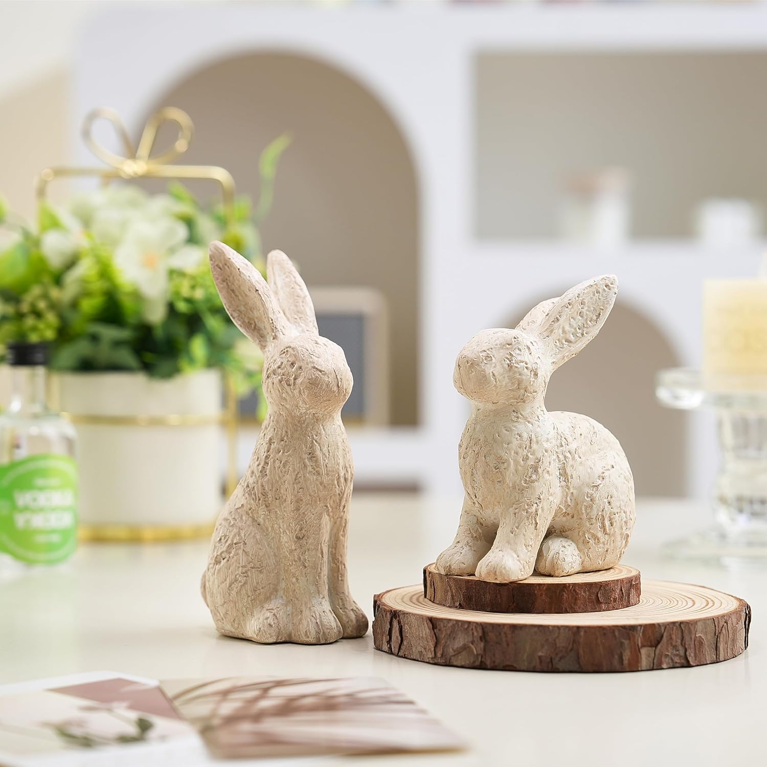 AOMOONOA Beige Easter Bunny Decor, Bunny Figurines Set of 2, Resin Rabbit Decor with Stone-Look Finish, Vintage Bunnies Statue for Spring Table Centerpiece, Rustic Home, Farmhouse Mantle Shelf Decor Beige-sitting Resin Bunny Decor