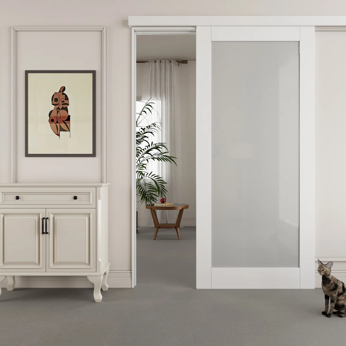 80" Hidden Style Track White Primed 1-Lite Frosted Glass Sliding Barn Door With Hardware Kit（No Assembly Required）