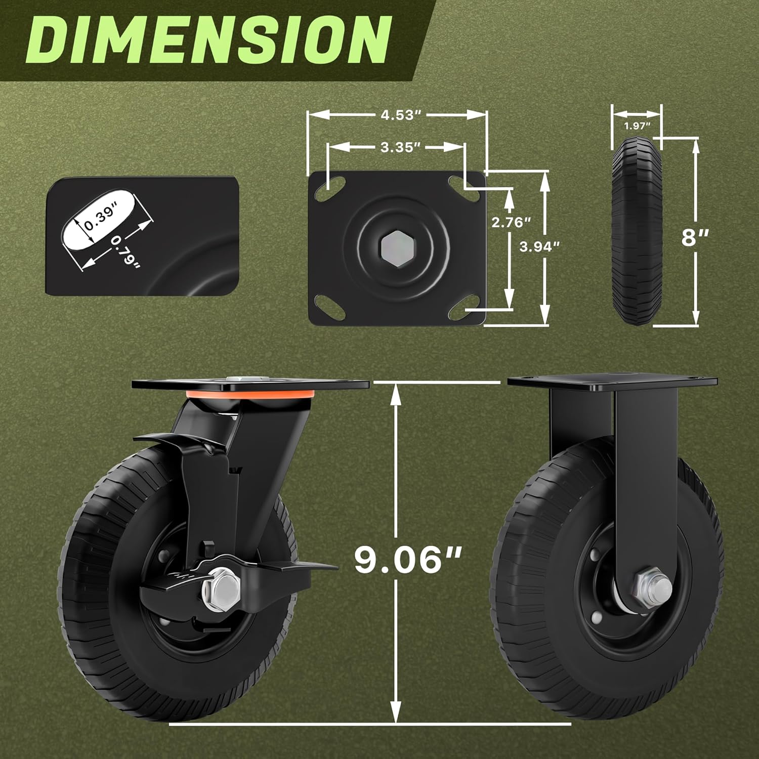 8inch Caster Wheels Set of 4 (2 Brake & 2 Fixed), 2200lb Heavy Duty Casters with Solid Rubber, Brake Plate Casters with Knobby Tread for Workbench, Dolly, Cart, Trolley, Wagon, Chicken Coop 8inch (2 Fixed & 2 with Brakes)