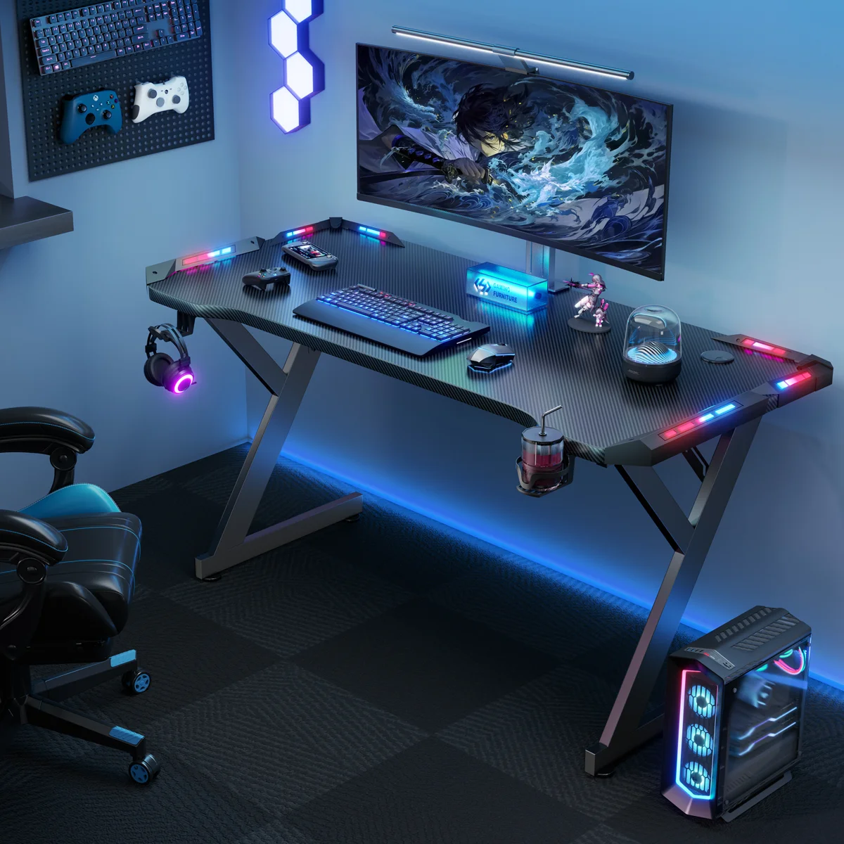 Grell Gaming Desk With LED Lights, Home Office Gamer Desk, Ergonomic Computer Table With Large Carbon Fiber Desktop, Office Workstation With Mouse Pad, Cup Holder & Headphone Hook, Black