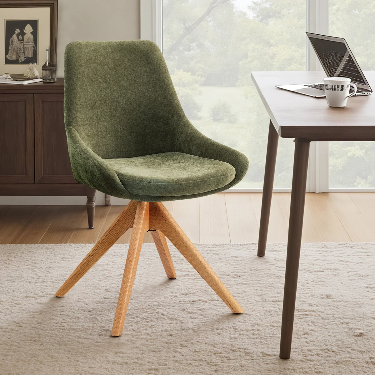 Swivel Fabric Upholstered Office Chair With Solid Wood Base