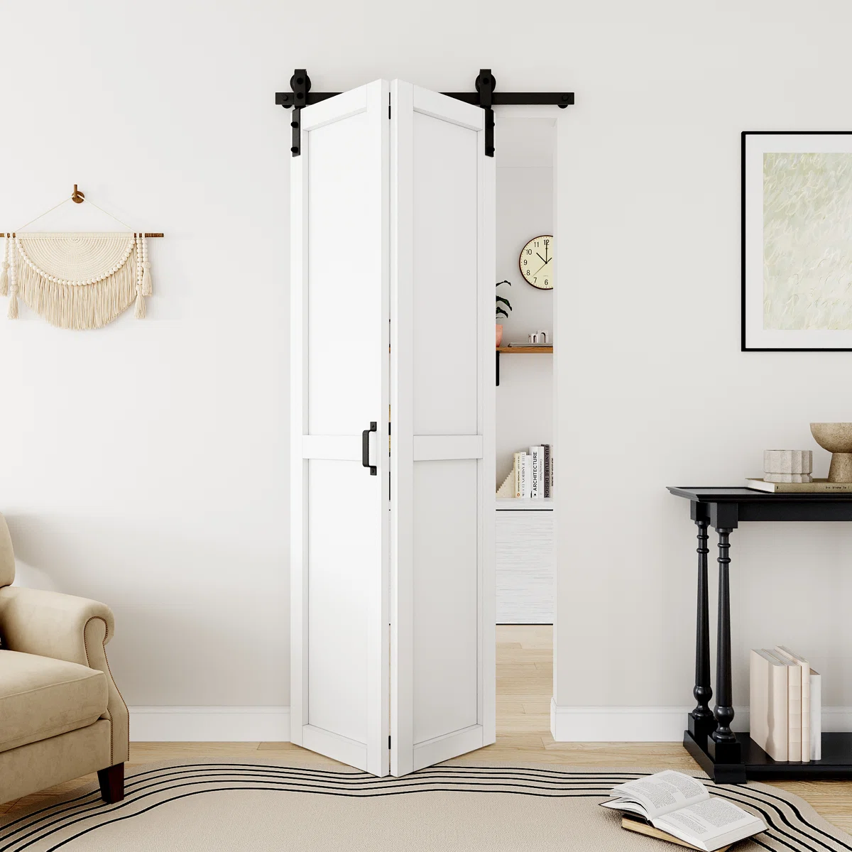84" Height White Primed Solid Core And Mid Bar Brace Bi-Fold Barn Door With Hardware Kit