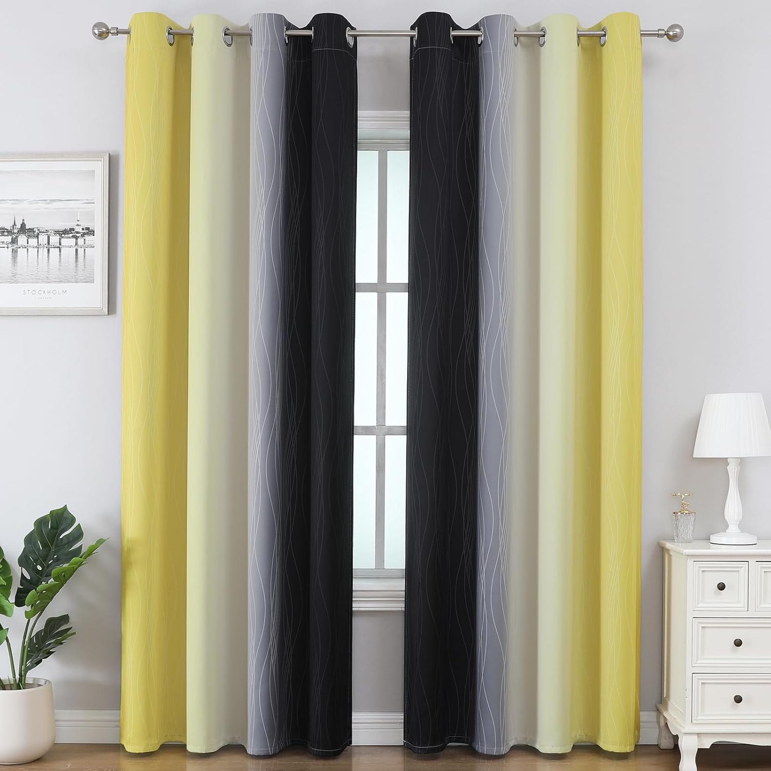 Estelar Textiler Black and Yellow Ombre Blackout Curtains for Bedroom, Room Darkening Energy Saving Grommet Curtains for Living Room, Thermal Insulated Gradient Blackout Drapes,52Wx84L,2 Panels 52W x 84L (Pack of 2) Black and Yellow