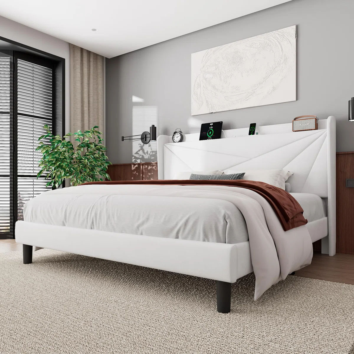 Feonase King Size Upholstered Bed Frame With Charging Station And Wingback Storage Headboard (white)