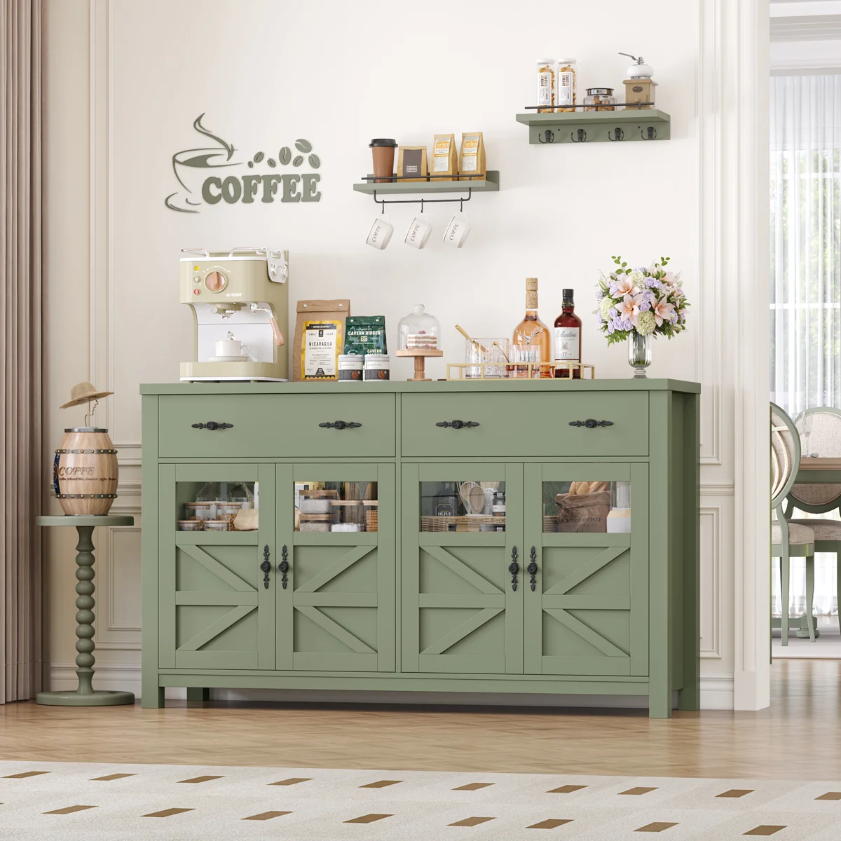 Almus 55'' Sideboard with 4 Glass Doors, 2 Large Drawers and Adjustable Shelves