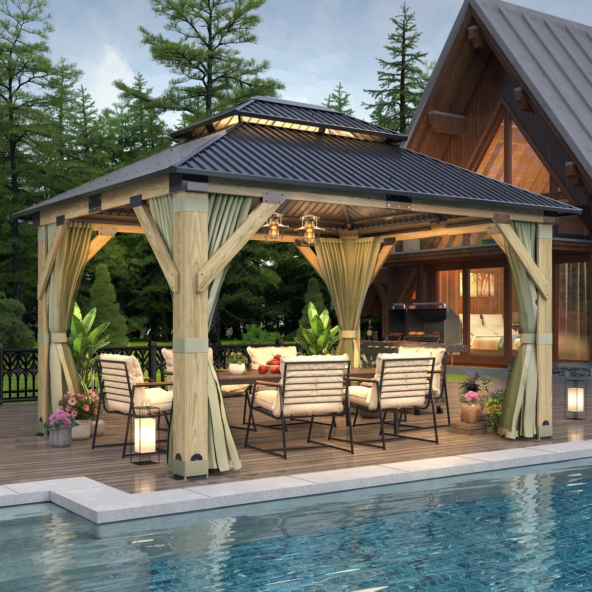 Patio Cedar Wood Gazebo Galvanized Steel Hardtop Heavy Duty Frame