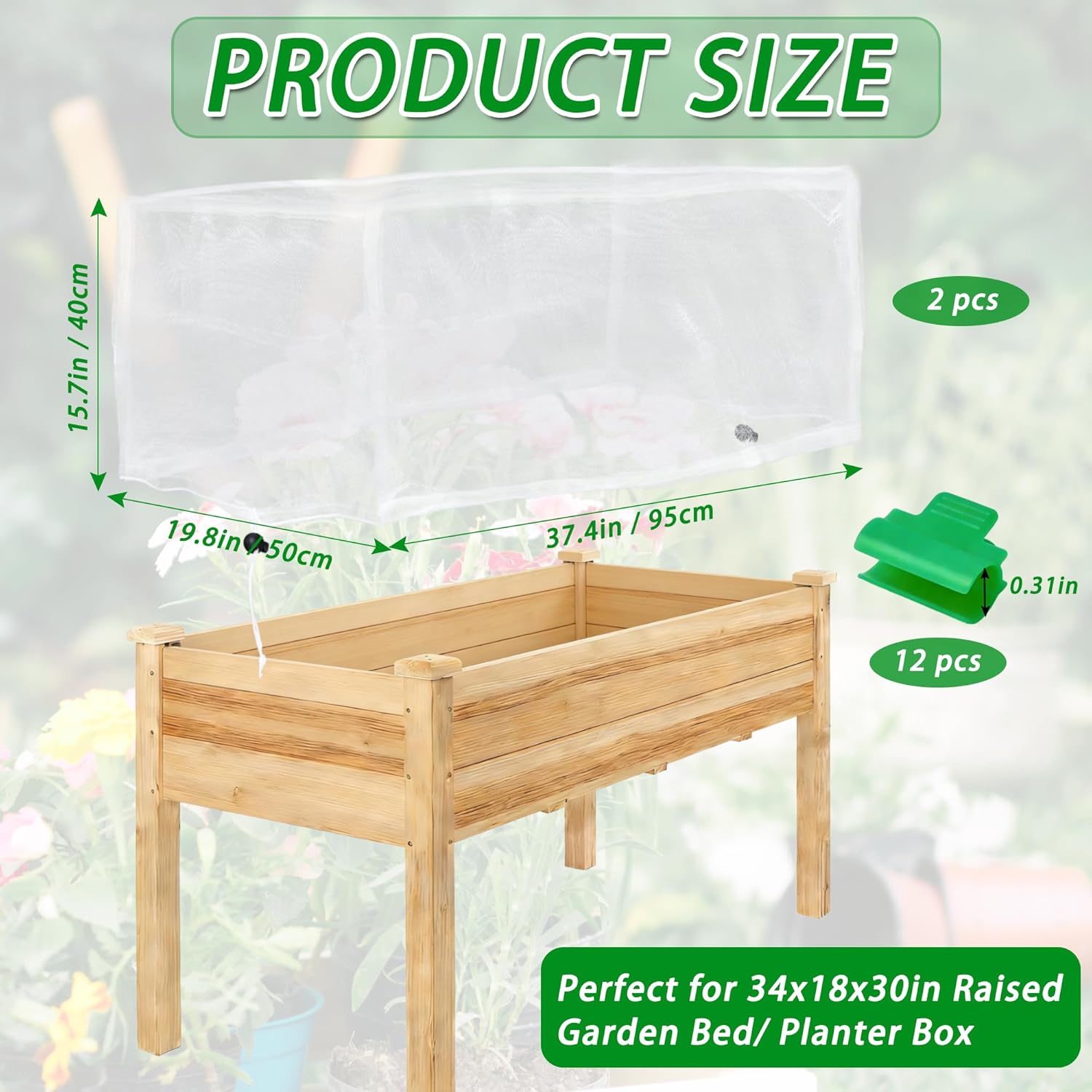 (Netting only)2  Pack Garden Netting for Raised Beds, Rectangular Mesh Plant Covers with Drawstring for Garden Protection, Raised Bed Bird Netting Pest Barrier Screen for Protecting Vegetables Fruits Flowers Crops 34x18x30in