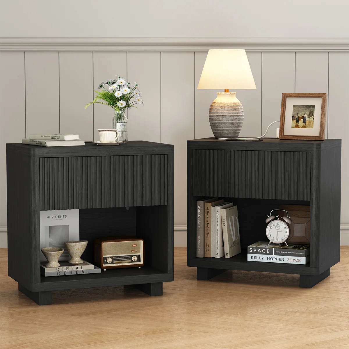 Box a Adkins 24W-25H Mid-Century Wooden Nightstand With Drawer And Open Shelf โ 2-Tier Bedside Table With Charging Station