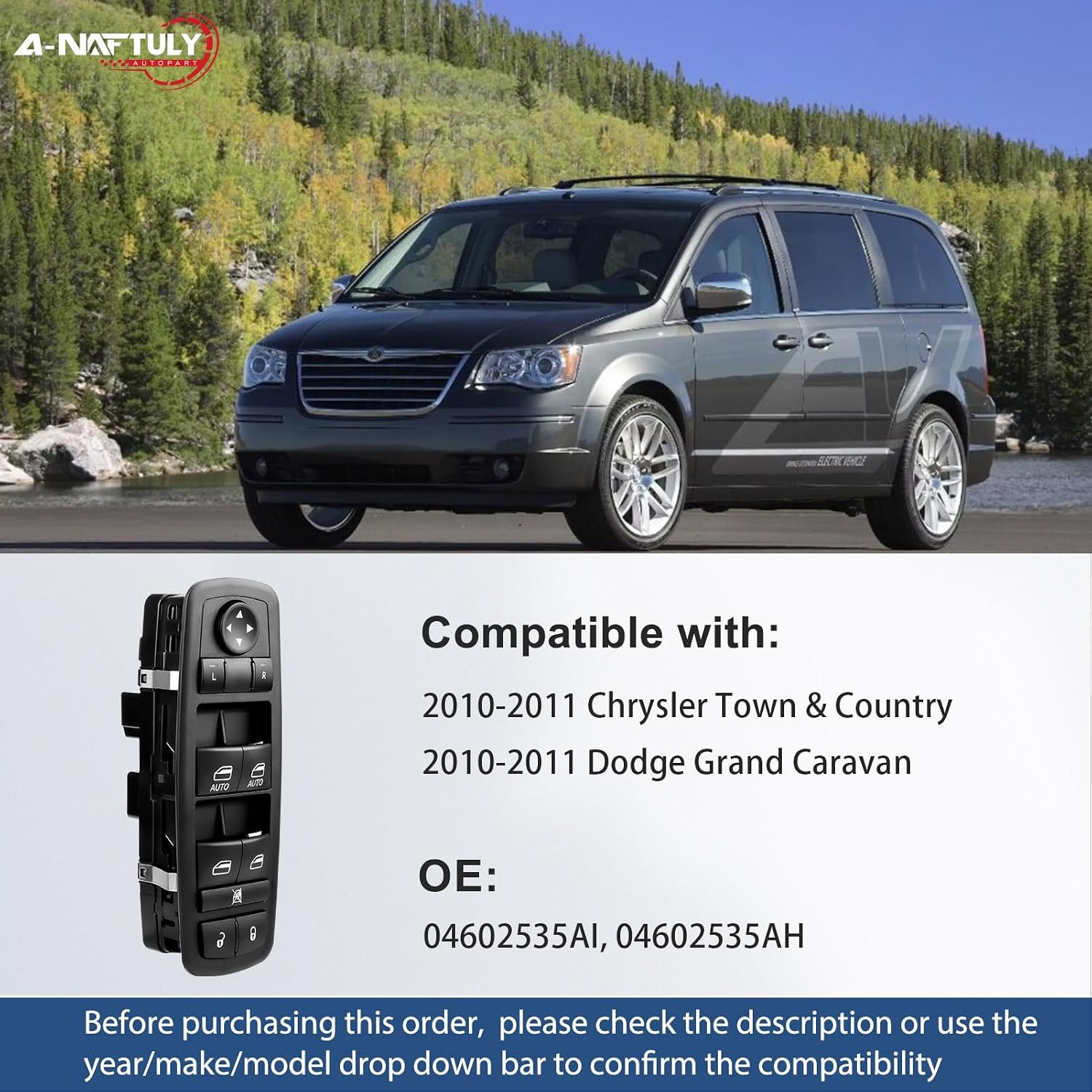Power Window Switch Driver Side Compatible with 2010-2011 Chrysler Town and Country, Dodge Grand Caravan - Direct Replacement OE 04602535AH 04602535AI (Left Front Window Control Switch)