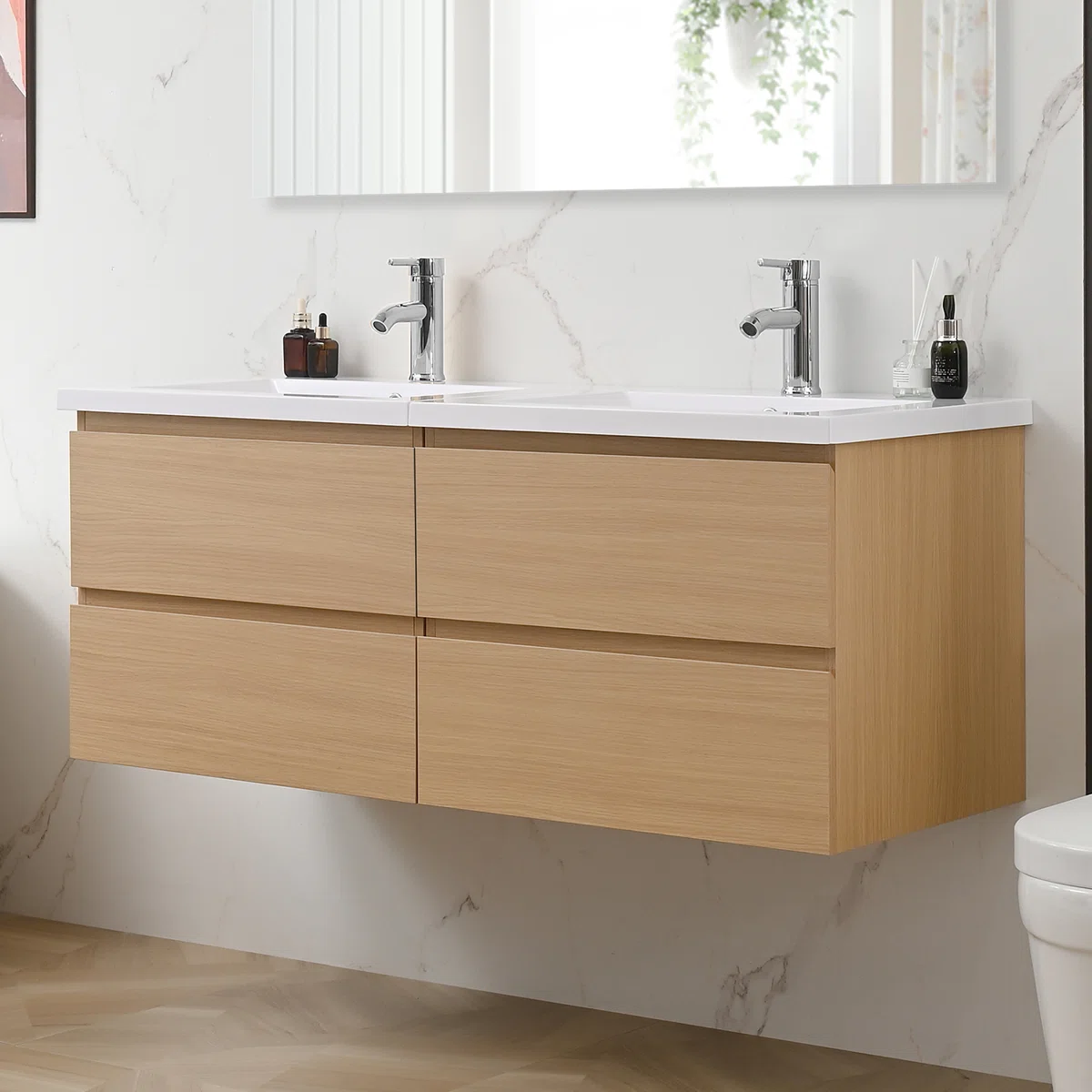 48" Modern Wall-mount Double Sink Bathroom Vanity With Resin Top, Faucet, Floating Cabinet