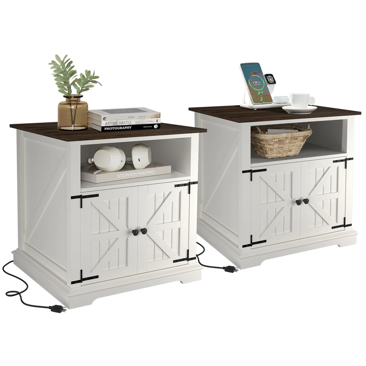 August Groveยฎ Modern Nightstand With Cabinet & Built-In 2 AC Outlets & 2 USB Ports, Farmhouse Style End Table With Barndoor