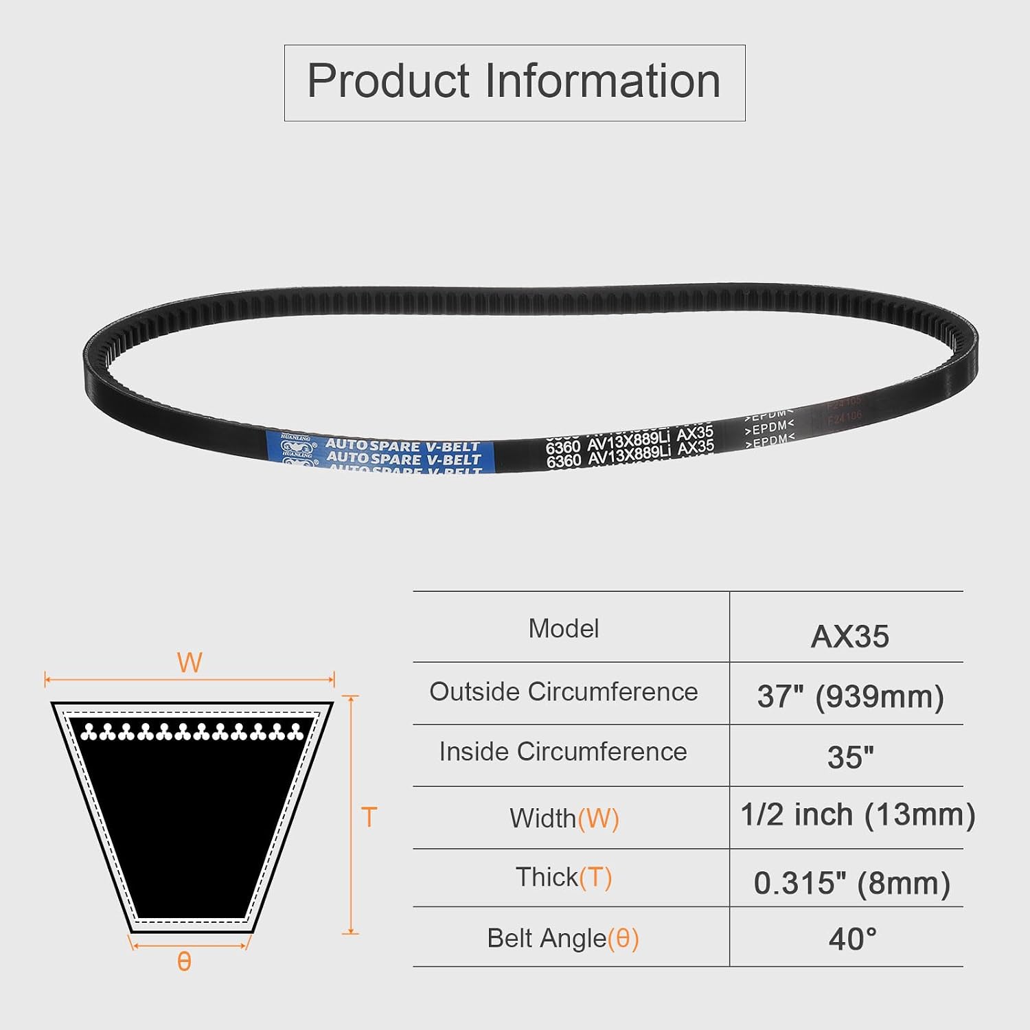 uxcell AX35 EPDM V-Belt, Raw Edge Cogged Industrial Rubber V Belt 1/2 Width x 35 Inside Circumference AX35 1