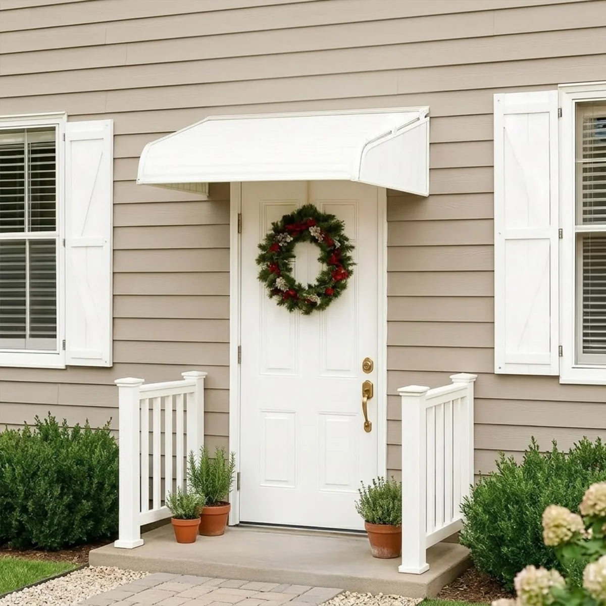 Kozyard Window Awning with 2Sidewings, Aluminum Frame with Impact-Resistant PVC Panels, Shade Angle Set During Installation, Rain, Snow & UV Protection Door Canopy