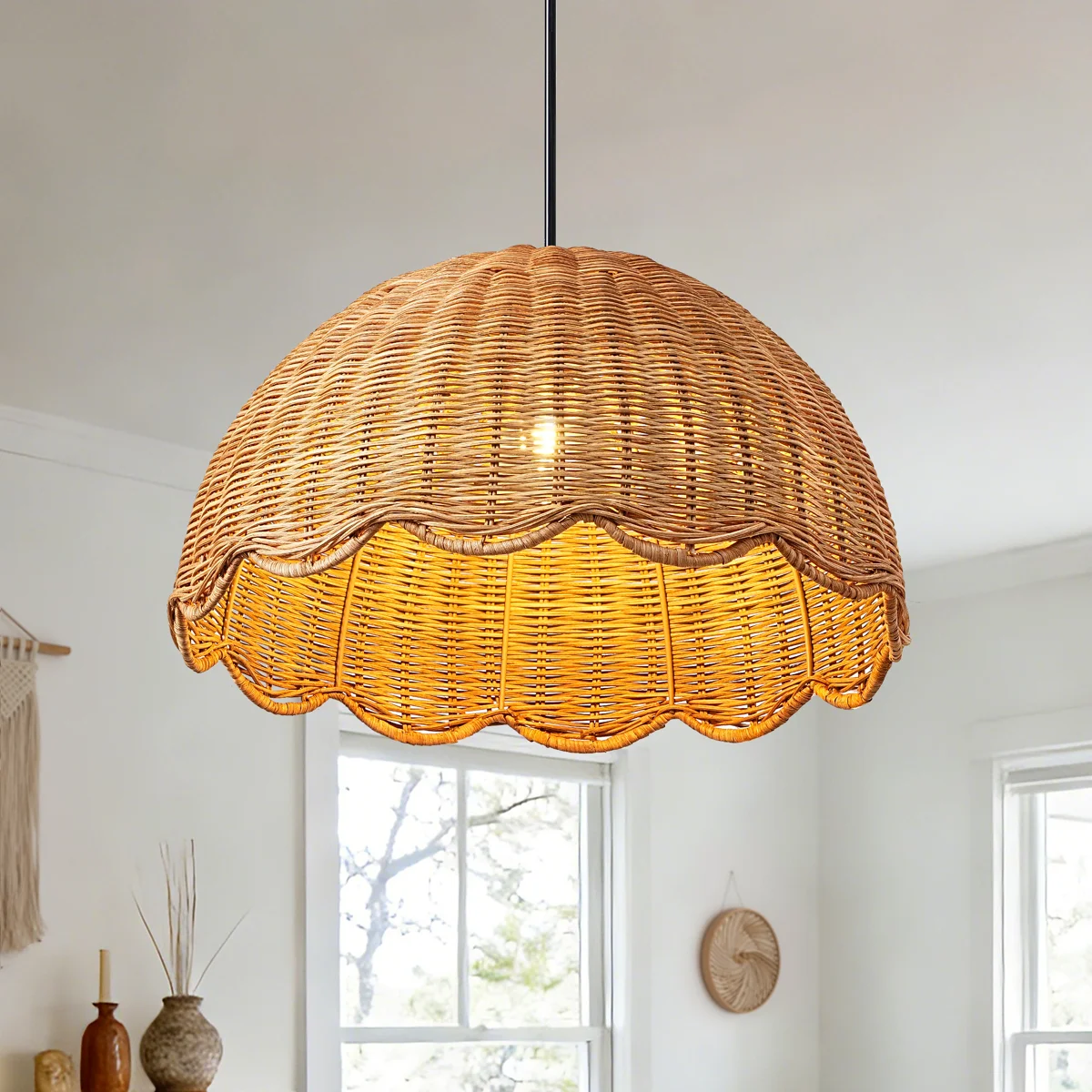 15.7" W Pendant Light with Scalloped Rattan Shade