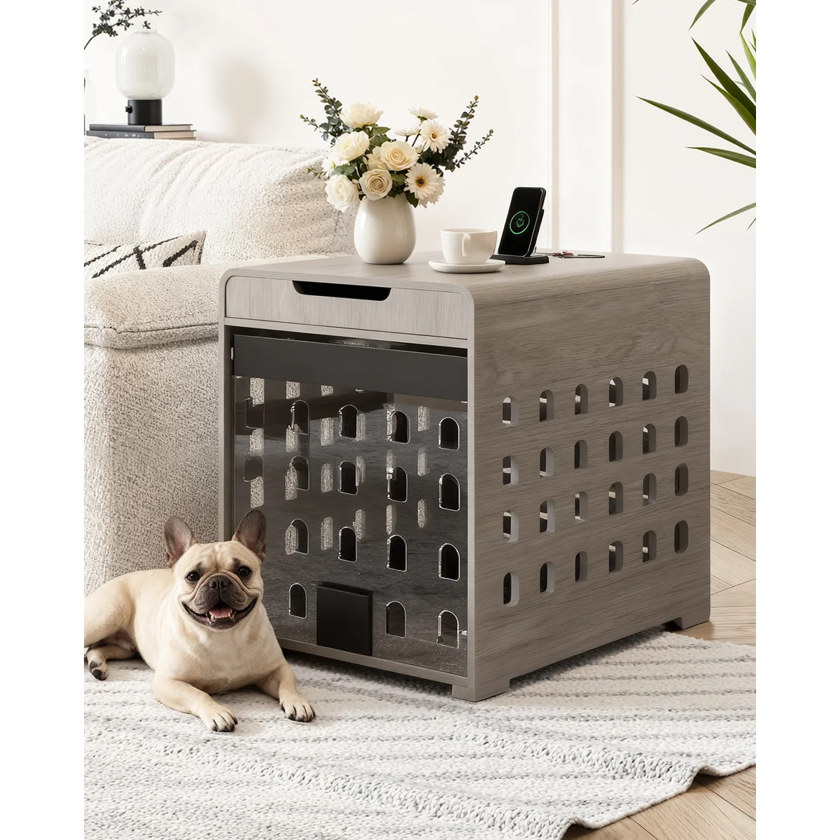 Modern Dog Crate Furniture With Charging Station Medium Kennel Indoor With Flip-up Hidden Acrylic Door For Small And Medium Breeds Up To 50lb Wood Pet End Side Table Cage