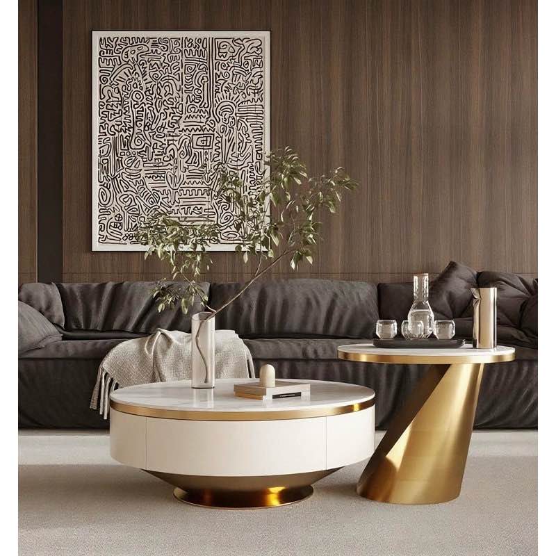 See Description…Danieka No-Assembly Required, Light Luxury Nesting Coffee Table With Faux Marble Countertop, Round