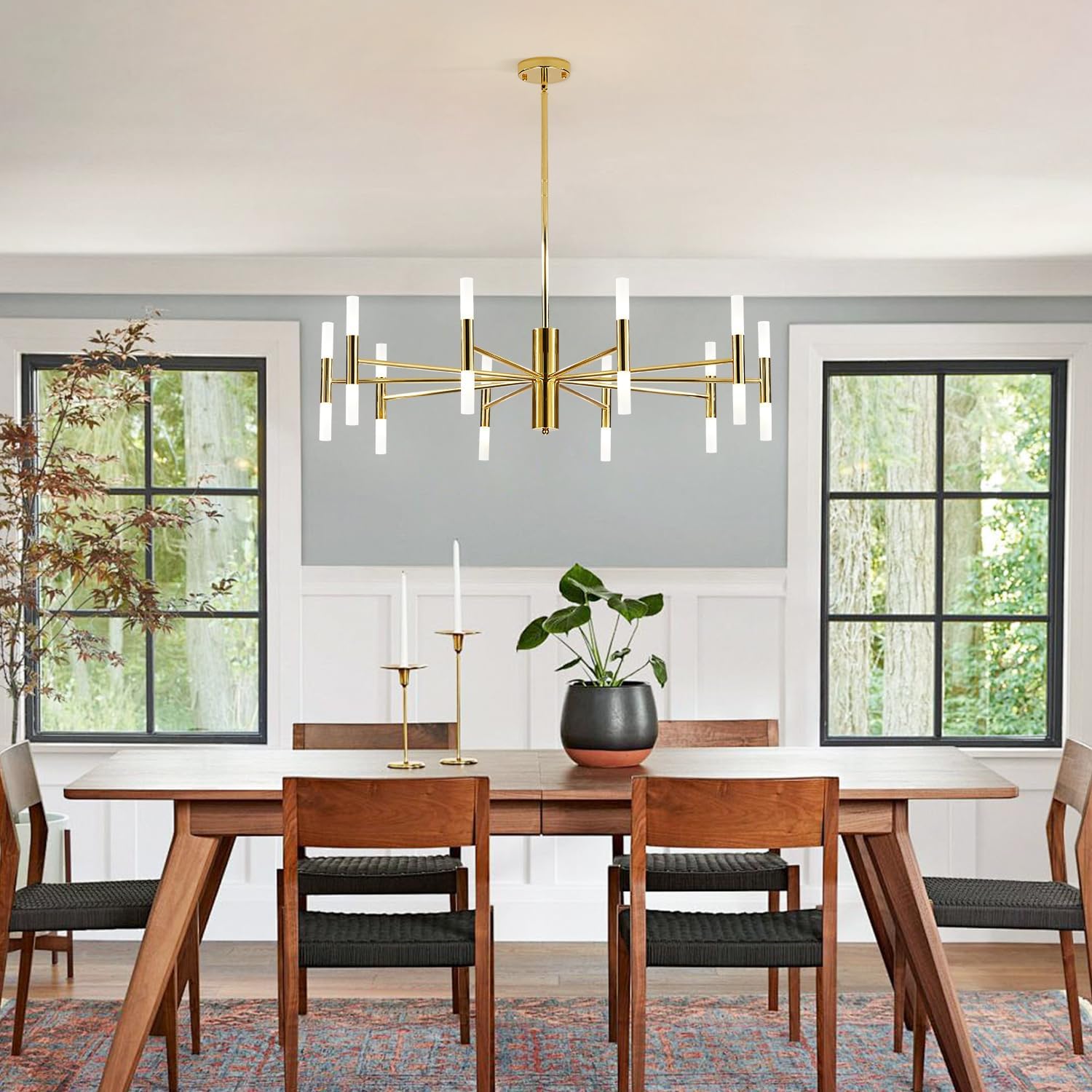 BOKT Mid Century Gold Sputnik Chandelier Large 20-Lights LED Chandelier Semi Flush Mount Ceiling Light Contemporary Round Dining Room Island Pendant Light Fixture L-Gold