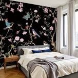 Peel and Stick Wallpaper 144 W x 100 H Modern Self Adhesive Wall Mural for Bedroom Cherry blossom branches against sky sparrow finches Seamless