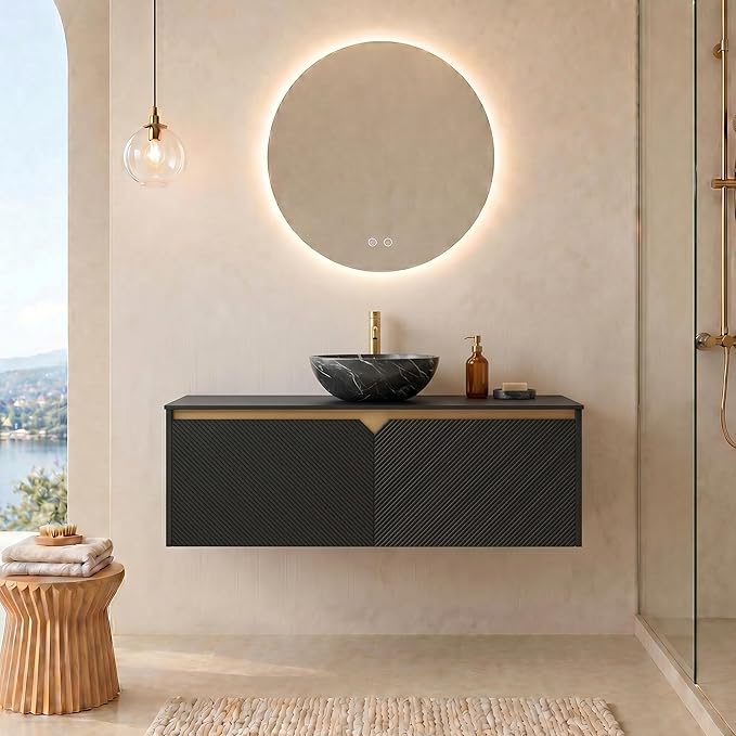 48" Bathroom Vanity With Sink, Wall-mounted Floating Curved Edges Striped Bathroom Storage Cabinet With 2 Drawers, White Round Ceramic Basin, No Faucet, Pre-assembled, Black Color