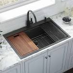 (faucet only)33x19 Inch Undermount Single Bowl Workstation Sink - 16 Gauge 304 Stainless Steel Commercial Grade Black Kitchen Sink with Accessories