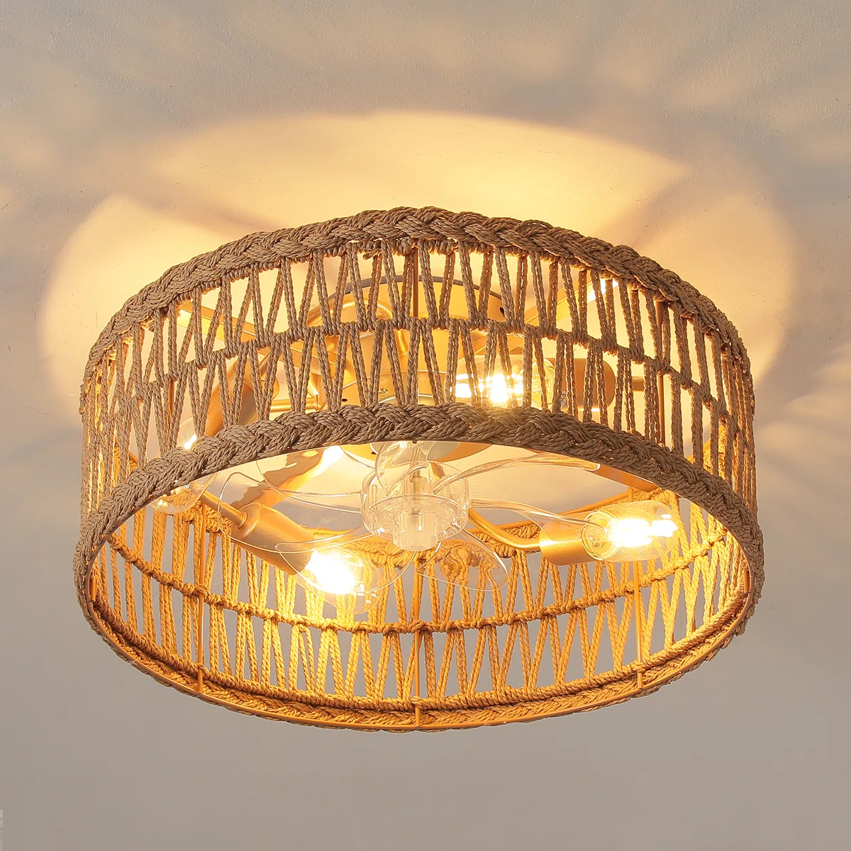 Anlaug 20βrattan Ceiling Fan With Light And Remote Control,boho Ceiling Fan With Light And Paper Rope For Living Room/bedroom/dining Room