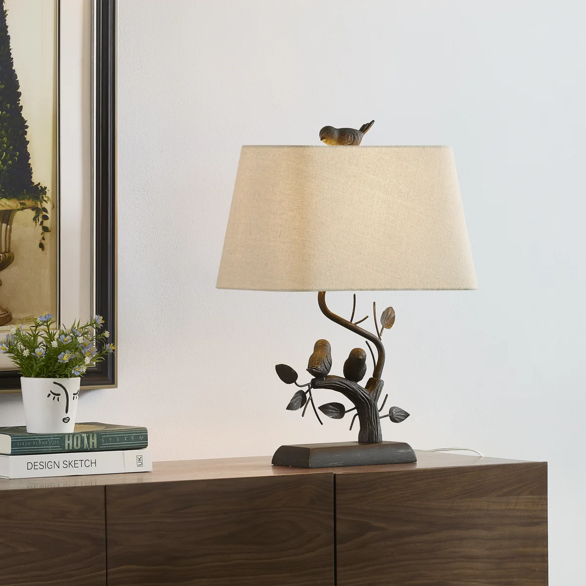 22" Resin Table Lamp With Birds And Rectangle Linen Shade
