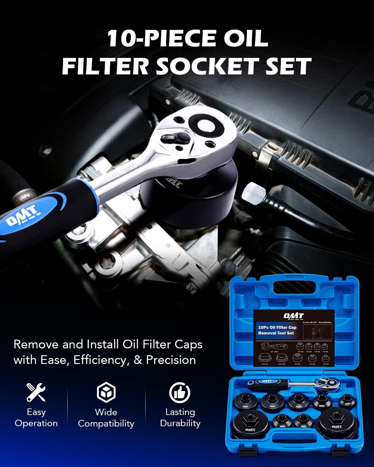 Orion Motor Tech Oil Filter Wrench Set, 10pc Oil Filter Socket Set, 3/8 Drive Metric Oil Filter Cap Wrench Removal Tool Kit, Low Profile Oil Filter Socket Set Compatible with Toyota VW BMW Mercedes