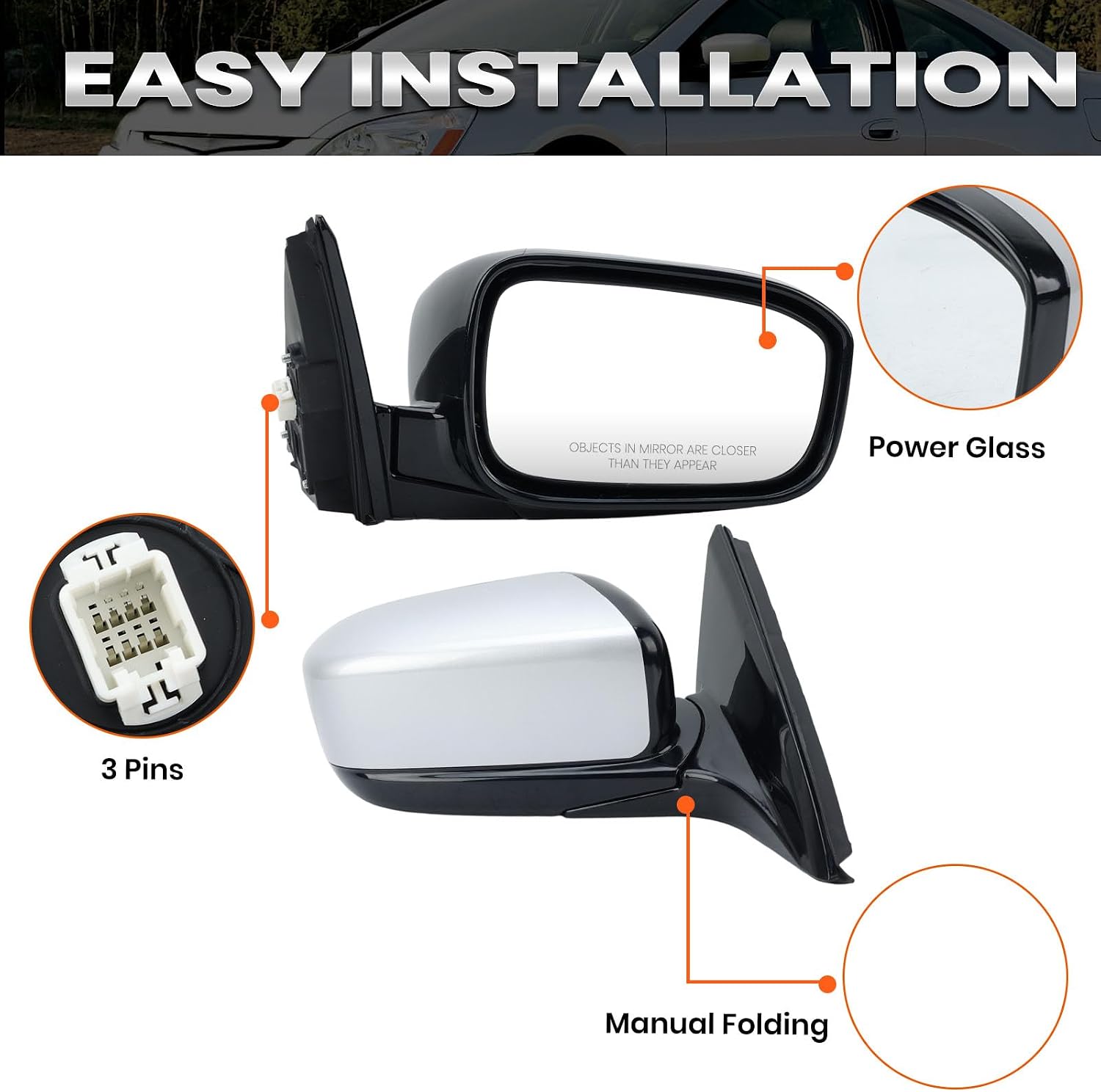 Right Passenger Silver Side Mirror Compatible with Honda Accord 2003-2007 Manual Folding Power Glass Alabaster Silver Metallic Door Mirrors Replace #HO1321152 Silver Right Passenger Side