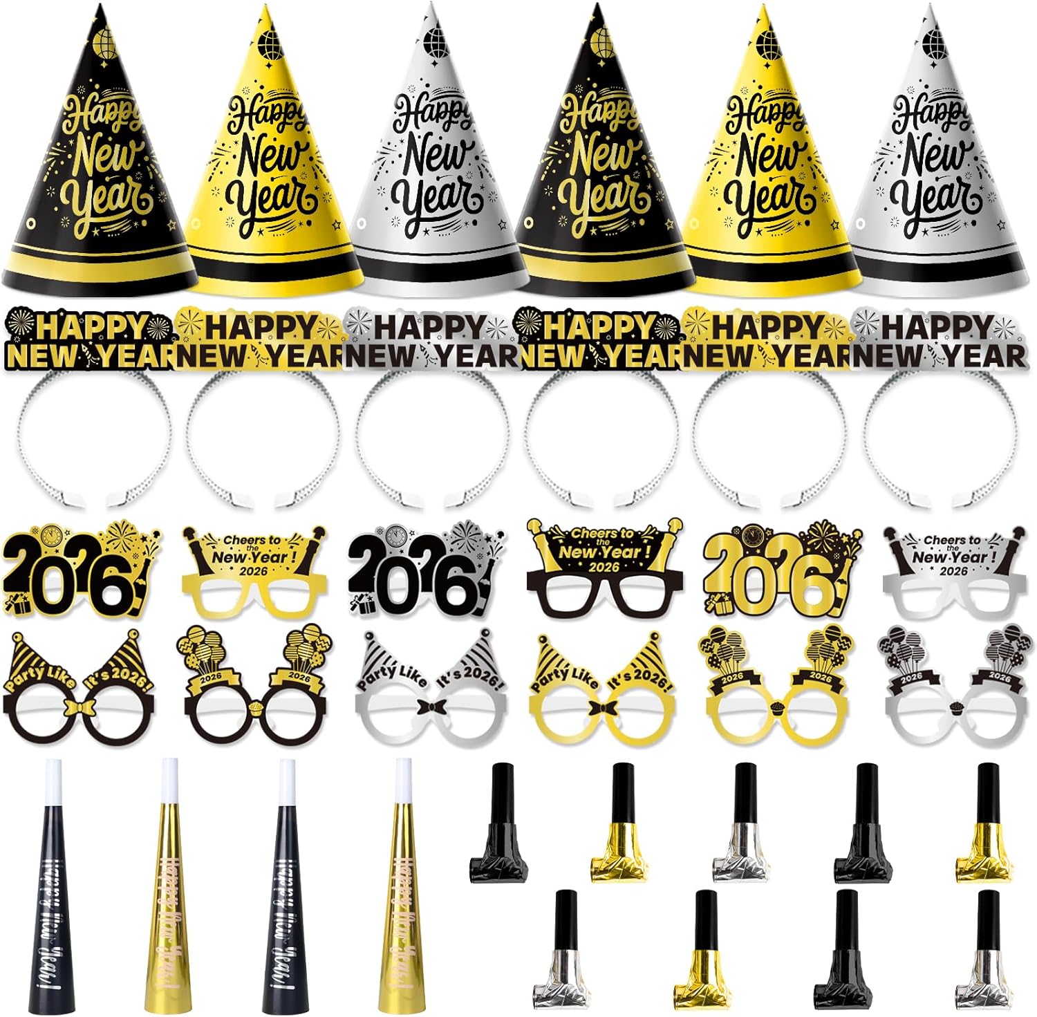 37PCS New Years Eve Party Supplies 2026 for 12 Guests, Happy New Years Decorations Party Favors Includes Cone Hats, Tiaras, Glasses, Noise Makers Accessories for Adults Kids