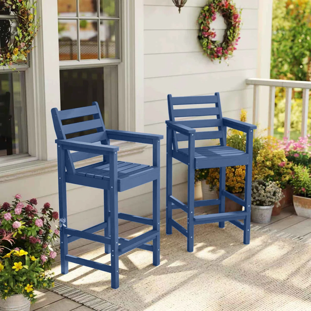 Set of 2 Weatherproof HDPE Adirondack Bar Stools with Footrest - Brown