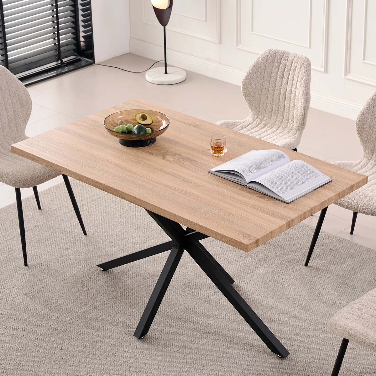 55.1" Rectangle Dining Table for 2 4, Small Mid Century Modern Kitchen Table with Metal Cross Legs for Apartment, Dining Room