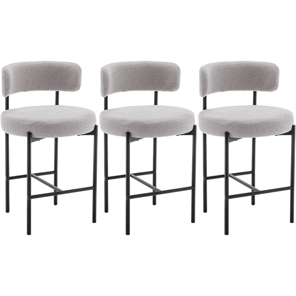Boucle Bar Stools Set Of 3, 24" Modern Counter Stools With Backs, Upholstered Barstools For Kitchen Island, Bar, Cafe