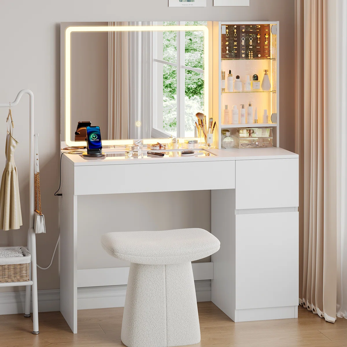 Decalt Makeup Vanity with LED Lighted Mirror, Power Outlet and 2 Drawers for Bedroom