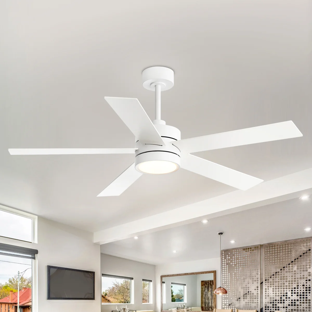 Beil 52/65 inch Large Modern Ceiling Fan with Light Kit and Remote Control, 3 LED Colors, 6 Speed Noiseless DC Motor, 5 Plywood Blades, for Indoor/Covered Outdoor Use