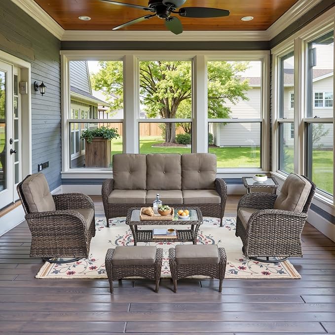 Outdoor Conversation Set With 2 Swivel Wicker Chairs, Thick Cushions And Rattan Coffee Table, 2-Person Patio Furniture Ensemble