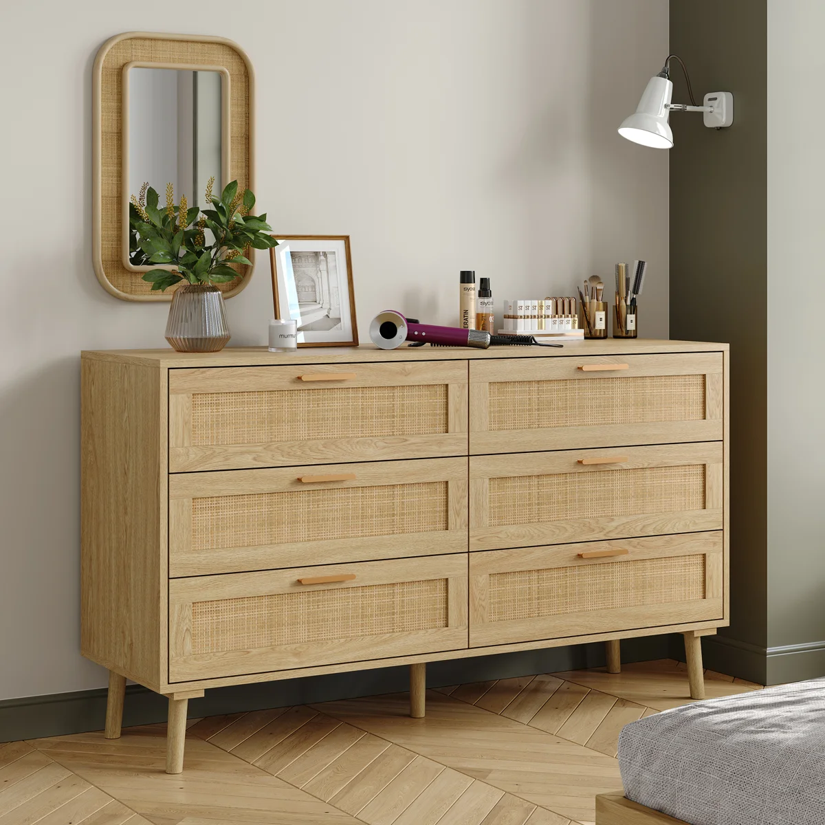 Seeneytown Rattan 6 Drawer Double Dresser Wood Chest of Drawers for Bedroom