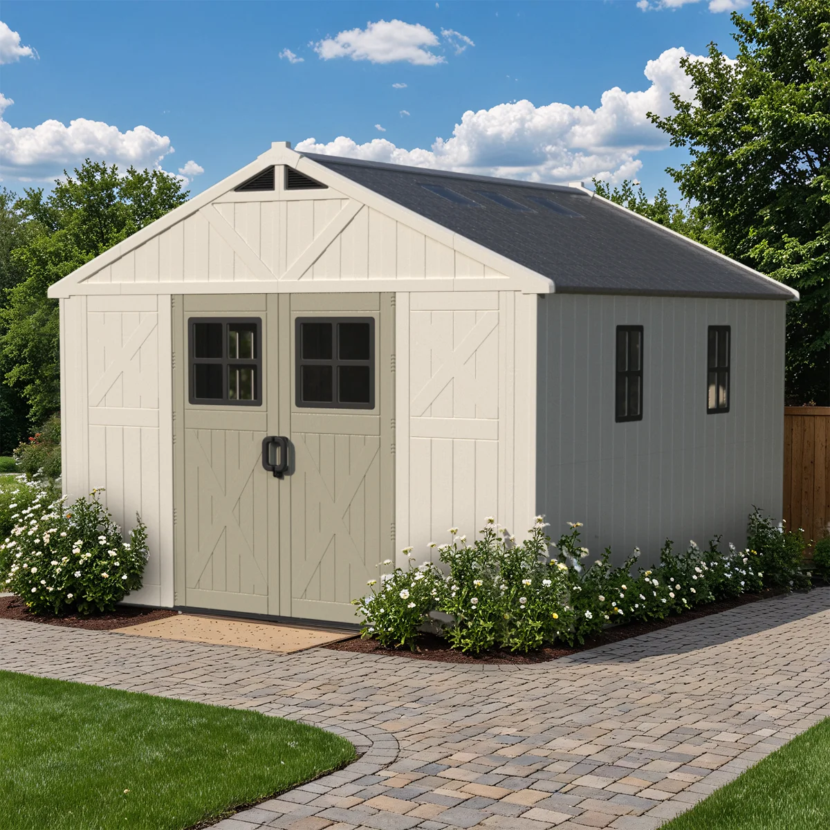 Box 2 10 Ft. W X 12 Ft. D Plastic Storage Shed With Floor, Resin Shed With Reinforced Steel Structure, Beige
